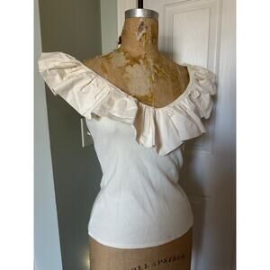 Maeve anthropologie Cream Ribbed Tank Top W/ Ruffle Neckline Sz S